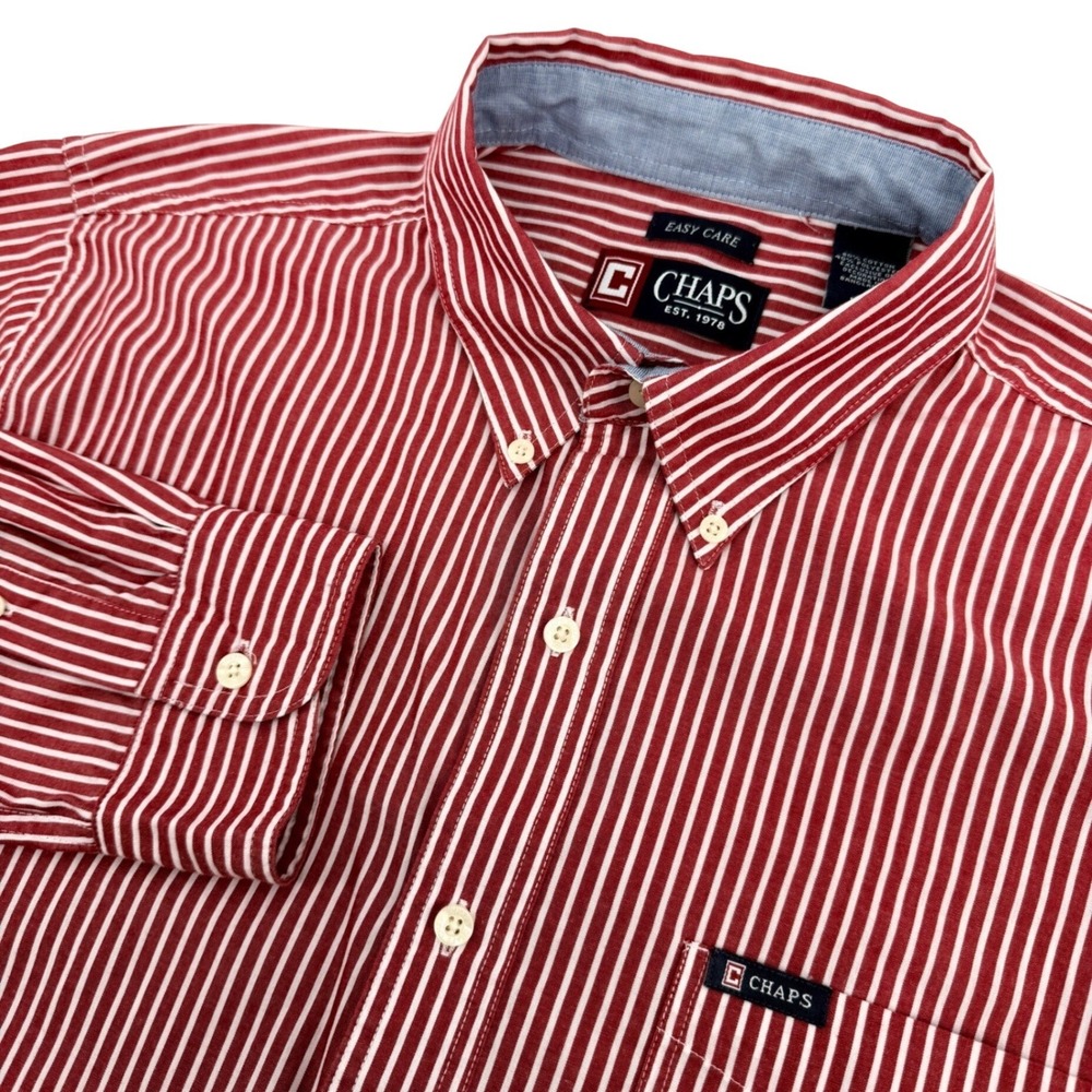 Chaps Shirt Mens L Red Striped Long Sleeve Easy Care Casual Preppy Classic Fit